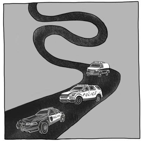 Ilustración hecha a mano de 3 vehículos policiales viajando al lado de una vía oscura y zigzagueante.