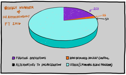 Illustration of a colorful pie chart on a gray background. Title text reads "Weekly Number of Ice Apprehensions, Fiscal Year 2016". The pie chart is divided into the following sections: Fugitive Operations, Alternatives to Incarceration, Non-Detained Docket Control, and Other or Criminal Alien Program.