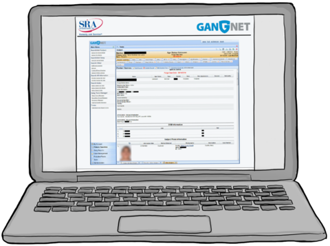 Ilustración de una computadora portátil gris. En la pantalla se ve una página de un sitio web llamado “Gangnet”.