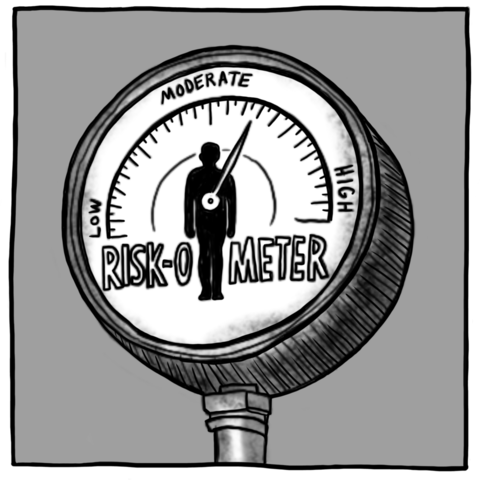 Illustration of an object resembling a pressure guage which shows the text "Risk-O-Meter" and an image of a human silhouette. The dial of the guage extends from the center of the silhouette. The outer edge of the is marked with the works low, moderate, and high.