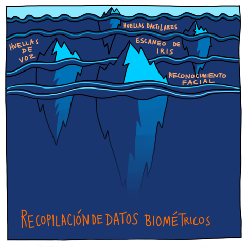 Ilustración de 4 icebergs agrupados en la mitad superior de la imagen. Estos icebergs representan métodos de recolección de datos biométricos.