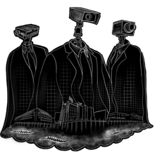 Three ominous beings with surveillance cameras in place of heads appear to rise from a dark cloud. Office buildings reminiscent of F.B.I. headquarters rest on the cloud. Three mouths full of sharp teeth hover within the cloud.