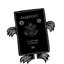 Un pasaporte de los Estados Unidos con manos, pies y ojos caricaturescos.