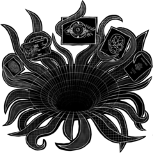 A creature with many tentacles. At its center is a vortex descending into utter blackness. The creature holds a passport, a facial recognition image, an image of a fingerprint, and other objects in its tentacles.