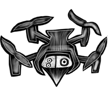 Un drone de surveillance illustré dans un style caricatural. Le drone a trois grands yeux et plusieurs petites hélices.