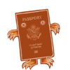 Un passeport Américain avec des yeux, des mains et des pieds caricaturaux.