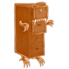 A filing cabinet full of papers with cartoon hands, feet, a single cyclops-like eye and sharp teeth.