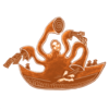 A monster with an ominous humanoid face whose body consists of a large ship. A cargo of humans is visible inside the base of the ship. Vaccuum hoses protruding form the upper body of the monster appear to be sucking up documents, human body parts, finger prints, and ID cards.