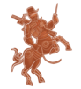 A robotic centaur-like monster with the legs of horse, and the body of a humanoid robot. The monster is wearing the tactical military vest of a U.S. border guard and a cowboy hat. It is armed with a large whip, a large machine gun, and a walkie talkie device. 