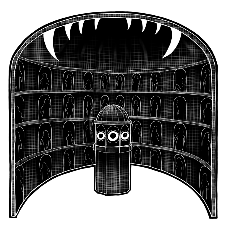 Vue intérieure d’une prison de type panoptique. La tour de surveillance centrale a trois grands yeux caricaturaux qui semblent épier des humains emprisonnés. Des dents acérées et menaçantes plongent depuis l’arche du plafond.
