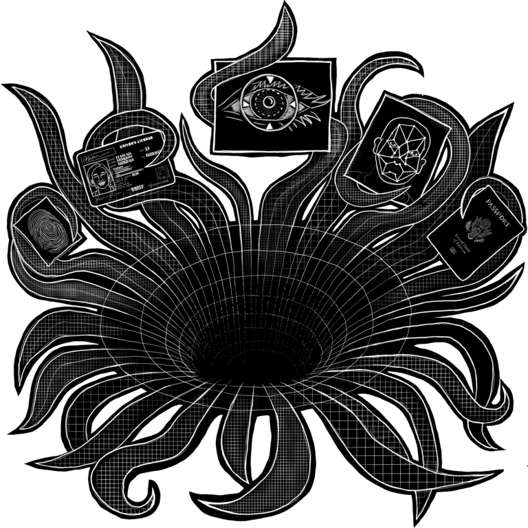 A creature with many tentacles. At its center is a vortex descending into utter blackness. The creature holds a passport, a facial recognition image, an image of a fingerprint, and other objects in its tentacles.