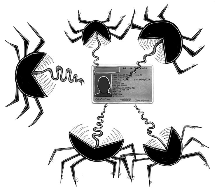 A group of five spider-like monsters with sharp teeth and long snaking tongues. The monsters appear to be encircling a driver's license.