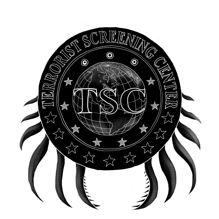 A spider-like creature with 8 legs and 3 cartoonish eyes. The body of the creature consists of the circular insignia for the FBI's Terrorist Screening Center.  